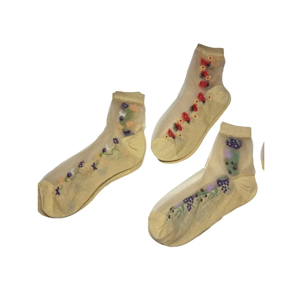5 Pair Lot Sheer Floral Embroidered Mesh Crew Socks Yellow Cottagecore Bundle